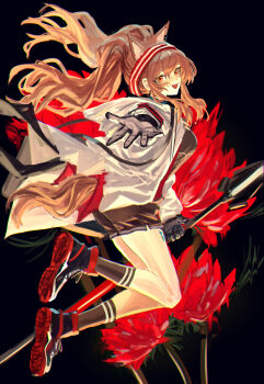1girl :d absurdres angelina_(arknights) animal_ear_fluff animal_earrings animal_ears arknights black_background black_collar black_gloves black_shirt black_shoes black_shorts black_socks breasts brown_hair coat collar commentary_request earrings flower fox_ears fox_girl fox_tail full_body gloves hairband highres holding holding_staff infection_monitor_(arknights) jacket jewelry kneehighs long_hair long_sleeves looking_at_viewer material_growth medium_breasts multicolored_hairband open_clothes open_coat open_mouth orange_eyes oripathy_lesion_(arknights) outstretched_hand red_flower red_hairband red_jacket shino_duka shirt shoe_soles shoes short_shorts shorts smile sneakers socks solo staff striped_clothes striped_hairband tail teeth twintails two-tone_hairband upper_teeth_only white_coat