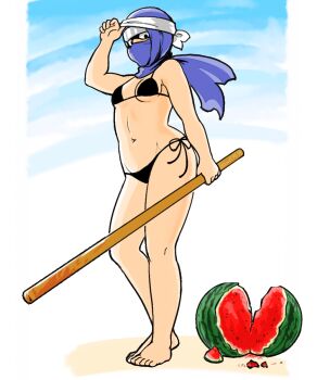 1girl bikini black_bikini food fruit highres holding one-punch_man shadow_ring_(one-punch_man) side-tie_bikini_bottom solo string_bikini swimsuit watermelon