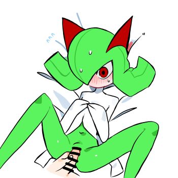 1boy 1girl bar_censor bed_sheet beta_(pixiv_109013543) blush censored colored_skin erection flat_chest flying_sweatdrops full-face_blush gen_3_pokemon green_hair green_skin hair_over_one_eye hands_on_own_chest hands_up hetero highres interspecies just_the_tip kirlia loli looking_down m_legs medium_hair multicolored_skin navel nervous nintendo one_eye_covered own_hands_together penis penis_grab pokemon pokemon_(creature) pov pussy red_eyes sex sidelocks simple_background solo_focus spread_legs stomach sweat two-tone_skin vaginal white_background white_skin wide-eyed