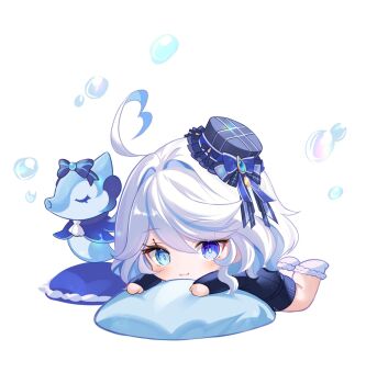 1girl :3 ahoge blue_bow blue_eyes blue_gem blue_hat blue_pupils blue_streaks blush bow chage_(chage_00) chibi chibi_only closed_mouth commentary full_body furina_(genshin_impact) gem genshin_impact hair_between_eyes hat hat_bow heterochromia highres long_sleeves looking_at_viewer lying multicolored_hair on_stomach pillow solo streaked_hair surintendante_chevalmarin symbol-only_commentary white_background white_hair