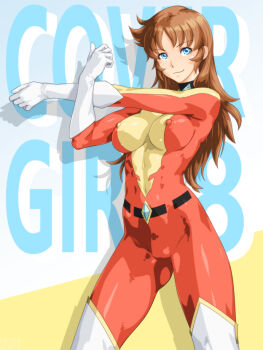 1girl belt blue_eyes bodysuit boots brown_hair commentary_request covered_erect_nipples covered_navel english_text gloves long_hair looking_at_viewer maria_grace_fleed mazinger_(series) multicolored_bodysuit qkat_(arikawa-dou) red_bodysuit skin_tight smile solo thigh_boots ufo_robo_grendizer white_boots white_gloves yellow_bodysuit
