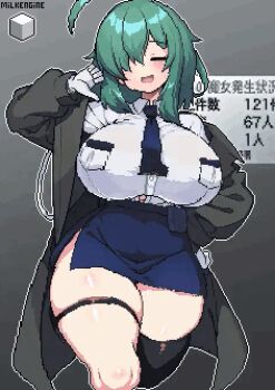 1girl :d ahoge animated animated_gif artist_name asymmetrical_legwear black_panties blue_skirt blush bouncing bouncing_breasts breasts collarbone commentary contrapposto crossed_legs female_focus gloves green_eyes green_hair grey_background hair_over_one_eye hand_on_own_hip huge_breasts kyosuke_fujiwara long_coat long_hair miniskirt necktie open_mouth original panties pointing pointing_at_self shirt side_slit simple_background skindentation skirt smile solo standing thick_thighs thighhighs thighs thumbs_down underwear upskirt white_gloves white_shirt wide_hips
