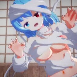 1girl 3d animated bandages blue_eyes blue_hair bouncing_breasts breasts heterochromia indoors large_breasts looking_at_viewer mofumoko5 naked_bandage navel nipple_slip nipples red_eyes short_hair smile solo tagme tatara_kogasa touhou video