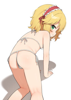1girl all_fours ass bikini blonde_hair blush commentary_request flat_ass from_behind green_eyes hairband highres idolmaster idolmaster_cinderella_girls loli looking_at_viewer looking_back matanukinuki paid_reward_available sakurai_momoka short_hair simple_background smile solo swimsuit white_background white_bikini