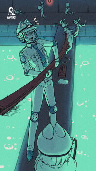 +_+ 1boy 6+others accident acid animal_ear_headwear blue_necktie byackopath byackopath_(artist) carrying clipboard elbow_pads facial_mark fake_animal_ears falling film_grain half-closed_eyes hard_hat helmet highres hitting holding holding_clipboard indoors jumpsuit knee_pads long_sleeves looking_at_another motion_lines multiple_others necktie notice_lines open_mouth original red_light short_hair shoulder_boards smile steel_beam toolbox white_jumpsuit wrench