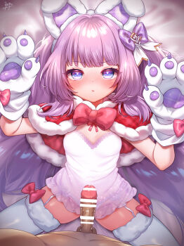 1boy 1girl absurdres animal_ears animal_hands azur_lane bar_censor blush censored fake_animal_ears gloves hetero highres large_variant_set loli long_hair looking_at_viewer official_alternate_costume paid_reward_available paw_gloves penis pov purple_hair tashkent_(azur_lane) thighhighs variant_set white_thighhighs yufukiri