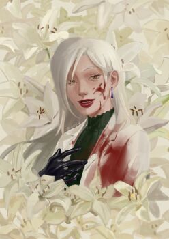1girl black_gloves blood blood_on_clothes blood_on_face blood_stain coat gloves green_shirt hand_on_own_chest highres lee_seolhwa long_hair looking_at_viewer omniscient_reader&#039;s_viewpoint red_lips shirt smile solo too_many_flowers umbrvx upper_body white_coat white_hair white_lily