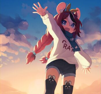 1girl :d animal_ear_fluff animal_ear_legwear animal_ears black_hair black_thighhighs blue_eyes blue_scarf braid clothes_writing cloud commentary day english_commentary eyes_visible_through_hair fang hair_between_eyes hakos_baelz highres hololive hololive_english light_blush long_hair long_sleeves looking_away mouse_ears multicolored_hair open_mouth outdoors outstretched_arms red_hair scarf short_shorts shorts smile solo spread_arms strawberry_baelz streaked_hair sweater thighhighs twin_braids virtual_youtuber white_hair white_sweater yoako