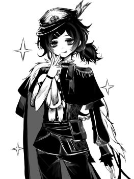 Rule 34 | 1girl, :q, aegyo sal, alternate costume, andrew graves, anmo418, arm at side, capelet, chinese commentary, choker, closed mouth, commentary request, cowboy shot, crossdressing, crossdressing (ftm), elbow carry, eyebrows hidden by hair, fingerless gloves, fingernails, frilled choker, frills, gloves, greyscale, hair ornament, hairclip, half-closed eyes, hand up, hat, hat feather, hatching (texture), high contrast, highres, holding, holding stuffed toy, inward v, jacket, jitome, long sleeves, looking at viewer, low side ponytail, monochrome, pants, parallel hairclips, peaked cap, puffy long sleeves, puffy sleeves, ringed eyes, short hair, side ponytail, simple background, single fingerless glove, single glove, solo, sparkle, standing, stuffed animal, stuffed rabbit, stuffed toy, the coffin of andy and leyley, tongue, tongue out, tsurime, v, white background