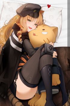 1girl :d absurdres animal_ear_fluff animal_ears animal_print arknights bed bed_sheet beret black_boots black_hat black_jacket black_skirt blonde_hair boots brown_thighhighs cat_ears cat_girl cat_print cat_tail commentary drill_hair drill_sidelocks english_commentary fang feet_out_of_frame green_eyes hat heart highres holding holding_stuffed_toy hugging_object jacket jacket_on_shoulders jewelry lavriell long_hair long_sleeves looking_at_viewer lying on_bed on_side open_clothes open_jacket open_mouth pillow ring side_slit sidelocks sideways_glance skin_fang skindentation skirt smile solo stuffed_animal stuffed_cat stuffed_toy swire_(arknights) tail thighhighs thighs