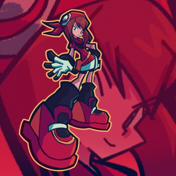 1girl abstract_background bandana bike_shorts black_socks brown_hair butterhat commentary dynamic_pose english_commentary fanny_pack full_body full_moon gloves gradient_background highres looking_at_viewer may_(pokemon) moon nintendo parody patterned_background pokemon pokemon_ruby/sapphire/emerald red_background red_bandana red_shirt red_shoes shirt shoes smile socks style_parody thick_outlines white_gloves zoom_layer
