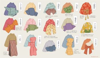 bamboo_print blue_kimono bow brown_kimono chart checkered_clothes cherry_blossom_print commentary_request floral_print grey_kimono highres japanese_clothes kagome_(pattern) kikumon kimono leaf_print maple_leaf_print nadeshiko_rin no_humans obi obijime orange_kimono original pattern_request pink_kimono red_kimono rope sash seigaiha shippou_(pattern) striped_bow striped_clothes striped_kimono tassel translation_request twitter_username unworn_kimono vertical-striped_clothes vertical-striped_kimono