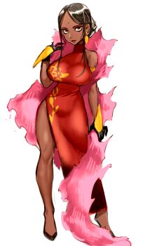 1girl arjuna_(fate) armlet bindi black_gloves black_hair breasts china_dress chinese_clothes contrapposto dark-skinned_female dark_skin dress earrings eyeliner eyeshadow fate/grand_order fate_(series) female_focus full_body gloves hair_bun highres impossible_clothes impossible_dress jewelry large_breasts legs makeup parted_bangs red_dress rokkotsu shawl short_hair side_slit single_hair_bun solo standing white_background