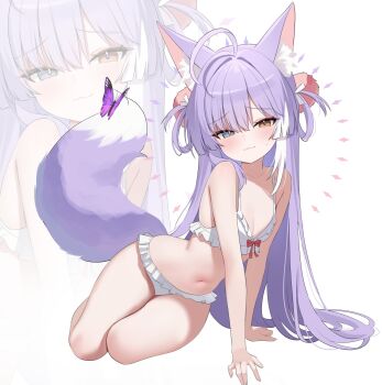 1girl :3 ahoge animal_ears bare_arms bare_shoulders bikini blue_eyes breasts bug butterfly closed_mouth fox_ears fox_girl fox_tail frilled_bikini frills hair_ornament hair_rings heterochromia highres insect long_hair looking_at_viewer nannung navel pom_pom_(clothes) pom_pom_hair_ornament purple_hair simple_background small_breasts smile solo spaghetti_strap stellive stomach string_bikini swimsuit tail tenko_shibuki thighs very_long_hair virtual_youtuber white_background white_bikini yellow_eyes zoom_layer