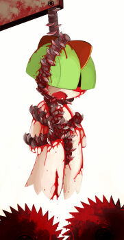 1other arms_at_sides asphyxiation bleeding blood blood_drop blood_from_mouth blood_in_hair blood_on_clothes blood_on_hands bloody_tears bound bound_arms bound_torso bound_wrists circular_saw death execution faceless facing_to_the_side foaming_at_the_mouth gen_3_pokemon green_hair guro hair_over_eyes hanged hanging highres missing_eye nintendo noose open_mouth pokemon pokemon_(creature) ralts rope rope_around_neck rope_marks rust sanpomodoro saw spiked spikes tied_up_(nonsexual) torn_clothes truss white_background