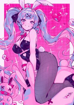 Rule 34 | 1girl, animal ear hairband, animal ears, black leotard, black pantyhose, black shoes, blue eyes, blue hair, border, bow, bowtie, breasts, commentary, detached sleeves, facial mark, fake animal ears, grin, hairband, hatsune miku, high heels, highres, leotard, long hair, looking at viewer, medium breasts, outside border, pantyhose, parororo, pink background, rabbit ear hairband, rabbit ears, rabbit hole (vocaloid), rabbit tail, red bow, red bowtie, shoes, smile, tail, teardrop facial mark, twintails, vocaloid, white border, x x