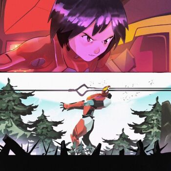 16bits 2koma bident bodysuit cloud cloudy_sky cockpit comic day evangelion_(mecha) glowing indoors lance_of_longinus_(evangelion) marvel mecha mecha_pilot_suit neon_genesis_evangelion object_through_head outdoors parody peni_parker piloting plugsuit_(evangelion) polearm red_bodysuit robot science_fiction sky spear spider-man:_across_the_spider-verse spider-man:_into_the_spider-verse spider-man_(series) spider-verse the_end_of_evangelion tree weapon