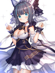 Rule 34 | 1girl, :3, ame sagari, animal ears, azur lane, bare shoulders, black bow, black bowtie, black hair, blue eyes, blue hair, blunt bangs, blush, bow, bowtie, breasts, buttons, cat ears, cheshire (azur lane), cleavage, closed mouth, collar, commentary, cowboy shot, cross, cross-laced clothes, cross-laced sleeves, detached collar, detached sleeves, dress, eyelashes, fang, fang out, frilled dress, frilled hairband, frilled sleeves, frilled wrist cuffs, frills, hair bow, hairband, large breasts, looking at viewer, maid headdress, medium hair, multicolored hair, multiple hair bows, puffy short sleeves, puffy sleeves, purple dress, purple wrist cuffs, ribbon, short dress, short sleeves, simple background, skin fang, sleeveless, sleeveless dress, smile, solo, sparkle, straight hair, streaked hair, striped bow, striped bowtie, striped clothes, train (clothing), white background, white bow, white collar, white hairband, white ribbon, white sleeves, white veil, wrist cuffs