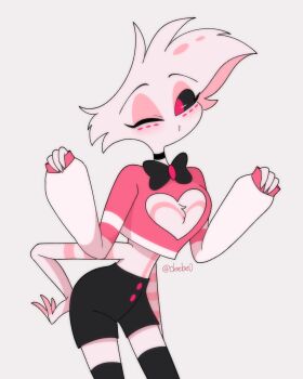 1boy angel_dust black_choker black_sclera black_shorts bow bowtie choker cleavage_cutout clothing_cutout colored_sclera cowboy_shot deebee extra_arms furry furry_male hazbin_hotel heart_cutout hellaverse highres leaning_forward male_focus one_eye_closed pink_shirt red_eyes shirt shorts simple_background solo white_background white_fur