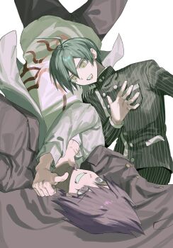 2boys ahoge black_hair black_jacket brown_eyes buttons collared_jacket commentary_request danganronpa_(series) danganronpa_v3:_killing_harmony double-breasted facial_hair bad_tag goatee grin hair_between_eyes happy highres hiro_(h1pvx) jacket jacket_partially_removed long_sleeves male_focus momota_kaito multiple_boys muted_color open_mouth pants pinstripe_jacket pinstripe_pants pinstripe_pattern purple_facial_hair purple_hair saihara_shuichi shirt short_hair smile spiked_hair striped_clothes striped_pants thumbs_up upside-down white_background