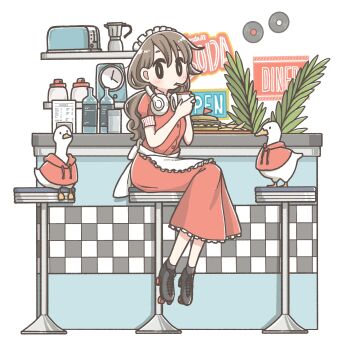 1girl bird brown_hair cup diner drinking_straw goose headphones highres holding holding_cup kageta_yu long_hair maid maid_headdress original roller_skates sitting skates solo stool