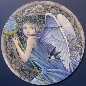 1girl bare_shoulders bird blonde_hair blue_eyes commentary_request dress expressionless feathered_wings floating_hair highres holding holding_staff laurel_crown looking_at_viewer oil_painting_(medium) original painting_(medium) photo_(medium) ringodrawing solo staff traditional_media wings