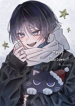 1boy absurdres animal animalization black_cat black_hair black_jacket black_sleeves blue_sweater blunt_ends blush cat commentary_request earrings eyeliner eyeshadow fingernails genshin_impact gradient_hair grey_hair hand_up highres holding holding_animal holding_cat jacket jewelry kurage_67 looking_at_viewer makeup male_focus merry_christmas multicolored_hair open_clothes open_jacket open_mouth person_and_animalization portrait purple_eyes red_eyeliner red_eyeshadow ribbed_sweater scaramouche_(cat)_(genshin_impact) scaramouche_(genshin_impact) scarf sleeves_past_wrists solo star_(symbol) striped_clothes striped_sweater sweater teeth tsurime twitter_username white_background white_scarf wispy_bangs