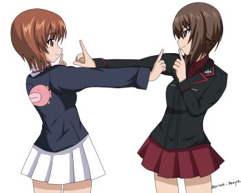 Rule 34 | 2girls, anglerfish, artist name, black jacket, blue jacket, blush, breast pocket, brown eyes, brown hair, cross, dress shirt, fish, from side, girls und panzer, hair between eyes, jacket, koi dance, kuromorimine military uniform, long sleeves, looking at another, military, military uniform, miniskirt, multiple girls, nishizumi maho, nishizumi miho, ooarai military uniform, pocket, red shirt, red skirt, school uniform, shirt, short hair, siblings, sisters, skirt, smile, standing, twitter username, white skirt, wing collar