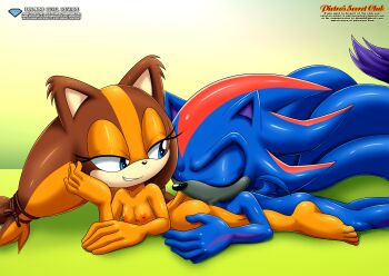 1boy 1girl absurdres ass bare_legs barefoot bbmbbf blue_eyes blue_fur blue_hair blush breasts brown_fur brown_hair closed_eyes completely_nude feet furry half-closed_eyes highres huge_ass kiss kissing_ass legs loli lying mobius_unleashed nipples nude on_stomach orange_fur orange_hair original palcomix red_fur red_hair sega small_breasts smile smirk sonic_(series) sonic_boom_(series) sticks_the_badger tail toes twintails