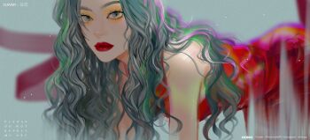 1girl all_fours artist_name character_name commentary dress grey_eyes grey_hair highres instagram_username lipstick makeup ohnopp real_life red_dress red_lips solo sunmi twitter_username watermark wavy_hair