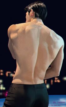 Rule 34 | 1boy, absurdres, artist name, back muscles, black hair, black swim trunks, commentary request, cowboy shot, highres, korean commentary, male focus, male swimwear, original, outdoors, short hair, solmuk0, solo, standing, swim trunks, toned, toned male, topless male, watermark, wet, wet hair