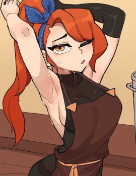 1girl absurdres apron armpits arms_up black_gloves blue_hairband bodystocking bodysuit breasts brown_apron cleavage commentary elbow_gloves english_commentary gloves hairband highres hyyun_ho indie_virtual_youtuber june_(hyyun_ho) large_breasts looking_at_viewer one_eye_closed parted_lips second-party_source see-through_cleavage see-through_clothes sideboob single_elbow_glove sleeveless sleeveless_bodysuit solo sweat thighband_bodystocking upper_body
