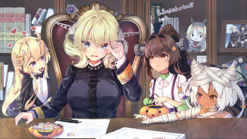 4girls aged_down alternate_costume artist_name bandaged_arm bandages black_bow black_neckwear blonde_hair blue_eyes blush bow bowtie braid brown_eyes brown_hair cape collared_shirt colorado_(kancolle) dark-skinned_female dark_skin english_text flower hair_between_eyes hair_flower hair_ornament halloween halloween_costume headgear highres himeyamato iowa_(kancolle) kantai_collection long_hair long_sleeves military military_uniform multiple_girls mummy_costume musashi_(kancolle) nagato_(kancolle) naval_uniform nelson_(kancolle) open_mouth paper patchwork_clothes patchwork_skin pen ponytail red_eyes shirt short_hair short_sleeves trick_or_treat two_side_up vampire_costume white_hair white_shirt yamato_(kancolle)