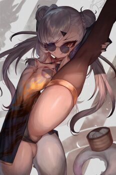 1girl absurdres bamboo_steamer bare_shoulders black_dress breasts china_dress chinese_clothes dim_sum double_bun dragon_tail dress fate/grand_order fate_(series) forked_eyebrows hair_bun highres long_hair looking_at_viewer m0_chi melusine_(fate) round_eyewear sidelocks small_breasts smile solo split spread_legs standing standing_on_one_leg standing_split sunglasses tail thighs twintails variant_set white_hair yellow_eyes