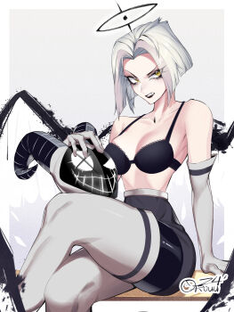1girl angel angel_wings arm_support black_bra black_halo boots bra breasts cleavage commentary crossed_legs elbow_gloves english_commentary english_text gloves halo hazbin_hotel hellaverse helmet high-waist_pants highres horned_mask horns looking_at_viewer lute_(hazbin_hotel) mask orouu paid_reward_available pants profanity sitting solo teeth thigh_boots thighhighs underwear unworn_headwear unworn_helmet wings