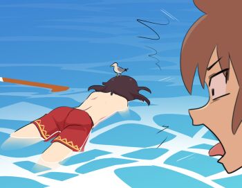 1boy 1girl animal animal_on_head ass bareback beach bird blue_sky brown_hair day flat_chest kono_subarashii_sekai_ni_shukufuku_wo! maho_malice male_swimwear male_swimwear_challenge medium_hair megumin ocean on_head outdoors red_male_swimwear red_swim_trunks sand satou_kazuma seagull sky source_request surprised swim_trunks swimsuit topless_female