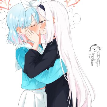 1boy 2girls arona_(blue_archive) black_choker black_hairband black_shirt blue_archive blue_shirt blush breath chair choker closed_eyes commentary_request doodle_sensei_(blue_archive) french_kiss grey_eyes hairband heart highres kiss long_hair multiple_girls nuooooodoomo on_chair plana_(blue_archive) pleated_skirt sailor_collar saliva school_uniform sensei_(blue_archive) serafuku shirt sitting skirt sweat white_choker white_hair white_sailor_collar white_skirt yuri