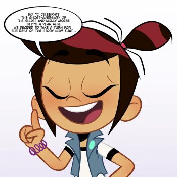 1girl closing_eyes commentary english_commentary english_text highres joseartcentenoofficial molly_mcgee open_mouth raised_eyebrows ringer_t-shirt solo speech_bubble teeth the_ghost_and_molly_mcgee tongue toon_(style) torn_vest upper_teeth_only