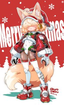 1girl 2025 ahoge animal_ear_fluff animal_ears backpack bag bell blonde_hair bow brown_pantyhose capelet christmas commentary_request covered_eyes covered_navel dated flat_chest fox_ears fox_girl fox_tail full_body fur-trimmed_capelet fur-trimmed_headwear fur-trimmed_shoes fur-trimmed_sleeves fur_trim gloves gluteal_fold green_ribbon hair_bell hair_bow hair_ornament hair_over_eyes hairband hat highleg highleg_leotard highres kuromaru-4321 leg_tattoo leotard long_sleeves medium_hair merry_christmas multicolored_gloves neck_bell neck_ribbon original pantyhose puffy_long_sleeves puffy_sleeves randoseru red_bag red_bow red_capelet red_gloves red_hairband red_hat red_shoes ribbon santa_hat shoes solo standing tail tattoo thighhighs thighhighs_over_pantyhose two-tone_gloves white_gloves white_leotard white_thighhighs