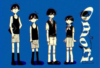 1girl 3boys antenna_hair bandaged_head bandages barefoot black_eyes black_hair black_shoes black_socks black_sweater_vest black_tank_top blue_background bright_pupils closed_mouth collarbone collared_shirt commentary copyright_name double-parted_bangs dual_persona expressionless genderswap genderswap_(mtf) hair_between_eyes hair_ornament hairclip holding holding_knife holding_sketchbook hospital_gown knife looking_at_viewer low_twintails multiple_boys neckerchief nill omori omori_(omori) omoriboy pleated_skirt shirt shoes short_sleeves short_twintails shorts simple_background sketchbook skirt socks spoilers standing striped_clothes striped_shorts sunny_(hospital_gown)_(omori) sunny_(omori) sweater_vest symbol-only_commentary tank_top twintails vertical-striped_clothes vertical-striped_shorts white_pupils white_shirt white_shorts white_socks