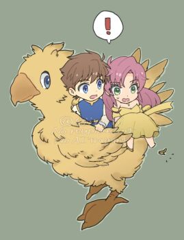 ! 1boy 1girl 5jiyu_ni bare_shoulders bartz_klauser bird blue_eyes blue_tunic breasts brown_hair chibi chibi_only chocobo cleavage commentary_request dress earrings faris_scherwiz final_fantasy final_fantasy_v green_eyes grey_background hair_between_eyes highres jewelry long_dress medium_breasts off-shoulder_dress off_shoulder parted_bangs pink_hair riding riding_bird shirt shoe_loss shoes spoken_exclamation_mark sweatdrop tunic twitter_username wavy_mouth white_shirt yellow_dress yellow_shoes