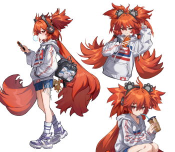 1girl absurdres ahoge amamiyayk animal_ears bear_ears commentary_request fake_animal_ears hair_between_eyes hair_ornament highres holding koleda_belobog long_hair looking_at_viewer red_eyes red_hair simple_background solo sphere_hair_ornament twintails white_background zenless_zone_zero
