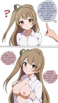 1girl 1other ? absurdres bow breasts cleavage clueless collared_shirt ears english_text female_focus flashing green_bow grey_hair hair_bow highres light_blush long_hair long_sleeves looking_at_viewer love_live! love_live!_school_idol_project medium_breasts minami_kotori mnkr98 nipples no_bra nose open_clothes panels shirt side_ponytail sidelocks simple_background smile source_request third-party_source white_background white_shirt yellow_eyes