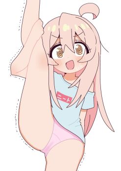 1girl @_@ ahoge blush brown_eyes clothes_lift clothes_writing dot_nose hair_between_eyes highres loli long_hair onii-chan_wa_oshimai! open_mouth oyama_mahiro pahurino panties pink_hair pink_panties shirt simple_background sitting solo split standing standing_on_one_leg standing_split underwear white_background white_shirt