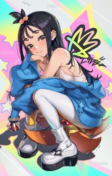 1girl absurdres black_hair blue_jacket blush bracelet breasts character_print closed_mouth cube_hair_ornament ear_piercing full_body gen_1_pokemon grey_eyes hair_ornament head_rest highres holding holding_poke_ball jacket jewelry lida_(pokemon) looking_at_viewer medium_breasts mega_ring mhk_(mechamania) nintendo off_shoulder pants piercing poke_ball poke_ball_(basic) pokemon pokemon_legends:_z-a shirt shoes sitting_on_pokemon sleeveless sleeveless_shirt smile socks squatting staryu tight_clothes tight_pants wet white_pants white_shoes white_socks