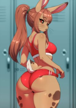 1girl adjusting_buruma adjusting_clothes animal_ears ass black_sclera breasts brown_eyes brown_hair buruma colored_sclera commentary english_commentary eyebrows_hidden_by_hair from_behind full_body furry furry_female gym_uniform hair_tie highres large_breasts light_blush locker locker_room long_hair looking_at_viewer looking_back open_mouth original ponytail rabbit_ears rabbit_girl rabbit_tail red_buruma red_sports_bra scarletknives-x solo sports_bra tail whiskers