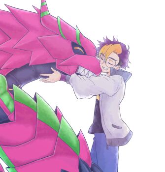 1boy 74m6dg armalizamon armor black_shirt blonde_hair blue_hair blue_pants closed_eyes commentary_request cowboy_shot digimon digimon_(creature) digimon_beatbreak glasses highres jacket lizard male_focus multicolored_hair pants parted_lips pink_armor sharp_teeth shirt short_hair simple_background smile teeth tenma_tomoro two-tone_hair white_background white_jacket