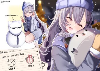 1girl absurdres bazo_(vestia_zeta) blue_eyes blue_scarf character_snowman cone_hair_bun grey_hair hair_bun highres hololive hololive_indonesia long_hair rokusketch scarf smile snow squatting twitter_username v vestia_zeta virtual_youtuber visible_air winter_clothes woollen_cap
