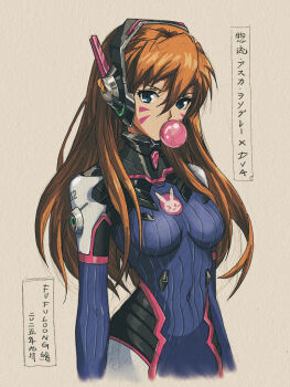 1girl absurdres artist_request blowing_bubble_gum blue_eyes bodysuit breasts chewing_gum commentary_request d.va_(overwatch) headphones highres long_hair looking_at_viewer medium_breasts neon_genesis_evangelion orange_hair overwatch solo souryuu_asuka_langley translation_request