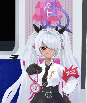 1girl 3958416 armband black_necktie black_skirt blue_archive dark-skinned_female dark_skin grey_hair highres indoors iori_(blue_archive) korean_text necktie pregnancy_halo pregnant red_eyes ruliweb_(website) skirt solo subway twintails upper_body white_background